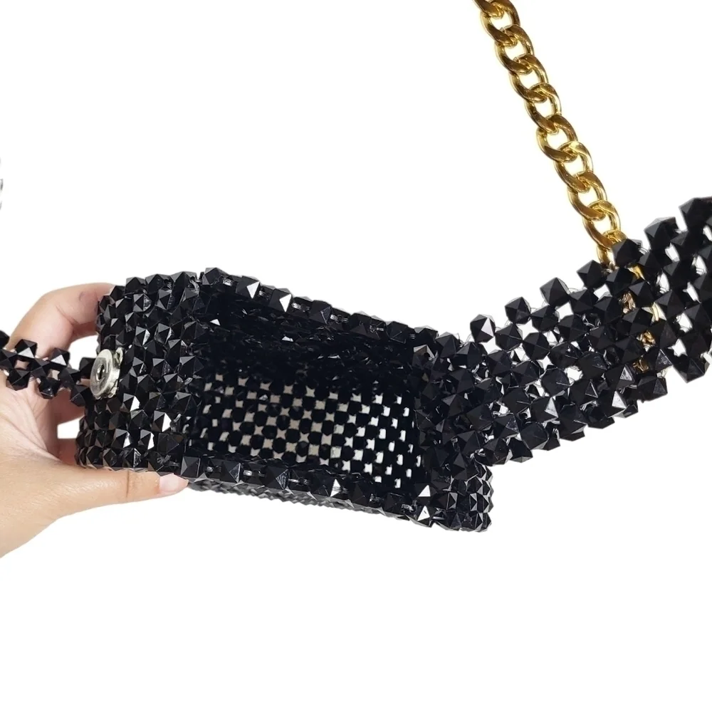 Beaded crossbody bag with chain black unique